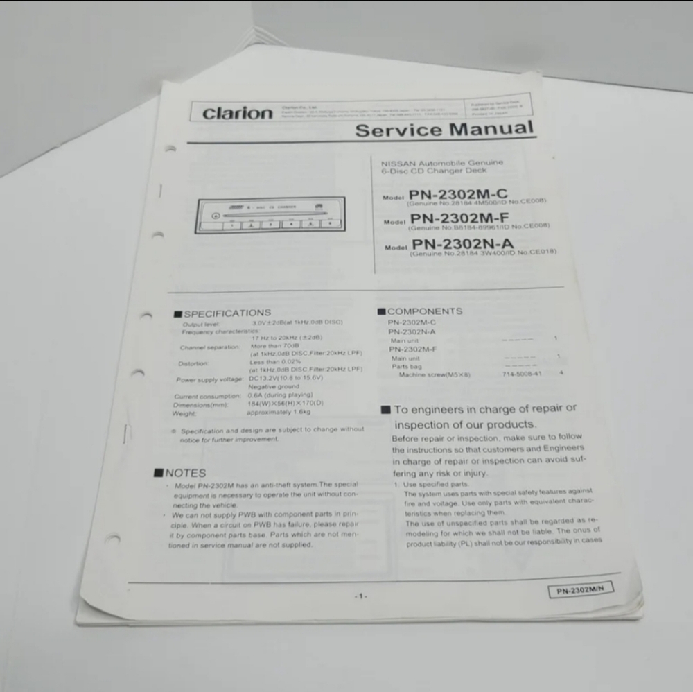 Clarion Nissan Automobile Genuine 6-Disc CD Changer Deck Service Manual